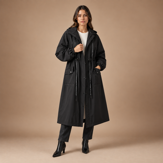 Lange regenjas dames met capuchon en transparant vizier