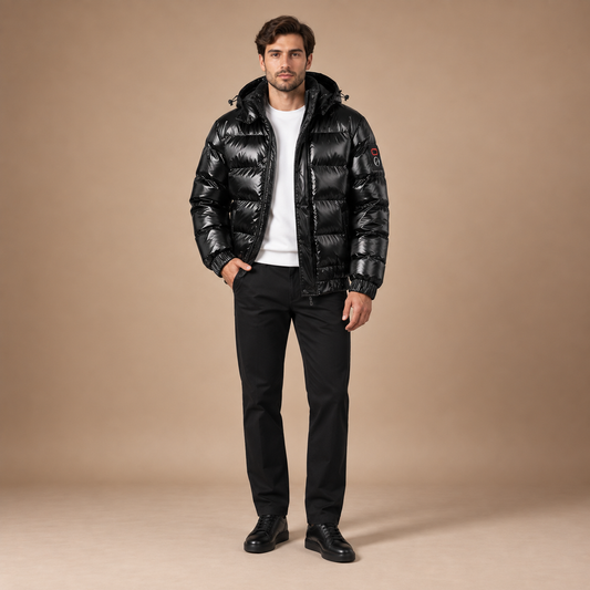 Glanzende winterjas puffer heren met afneembare capuchon