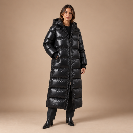 Lange puffer winterjas dames met capuchon en glanzende afwerking