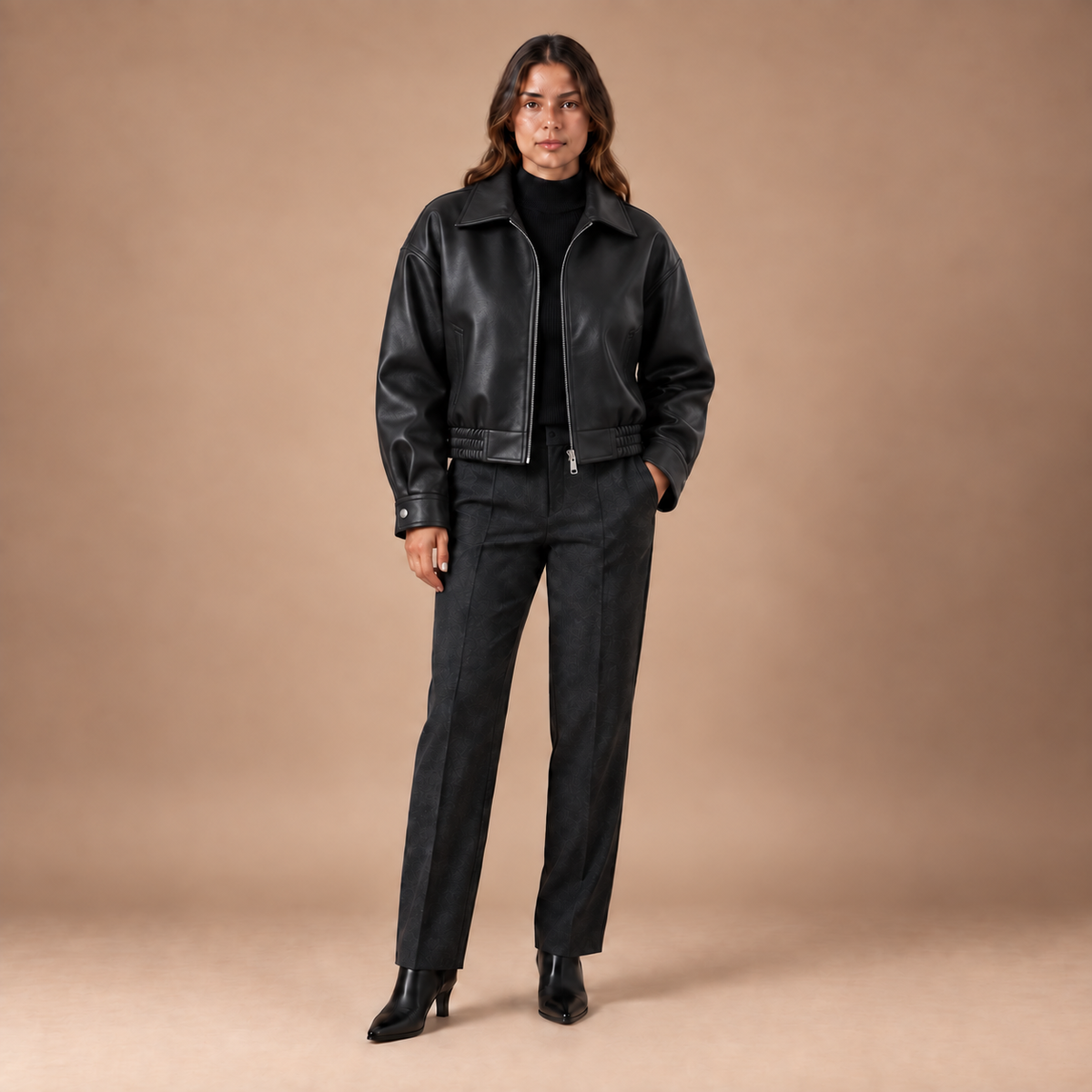 Lederlook jas dames kort met kraag en ritssluiting