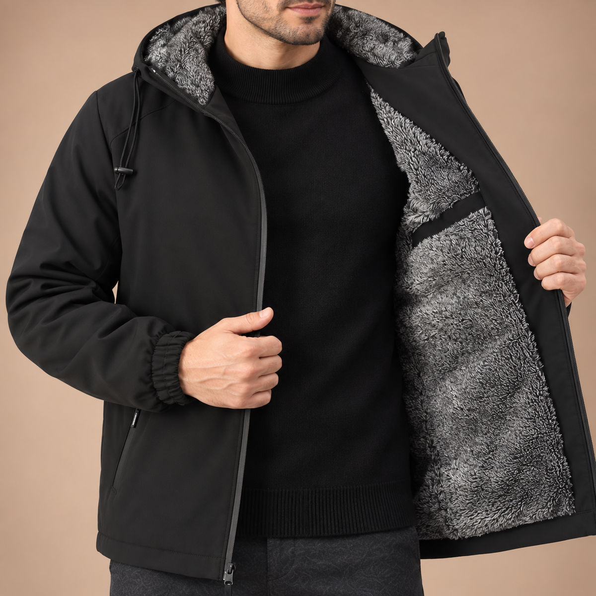 Winterjas heren met capuchon, warme teddyvoering en ritssluiting
