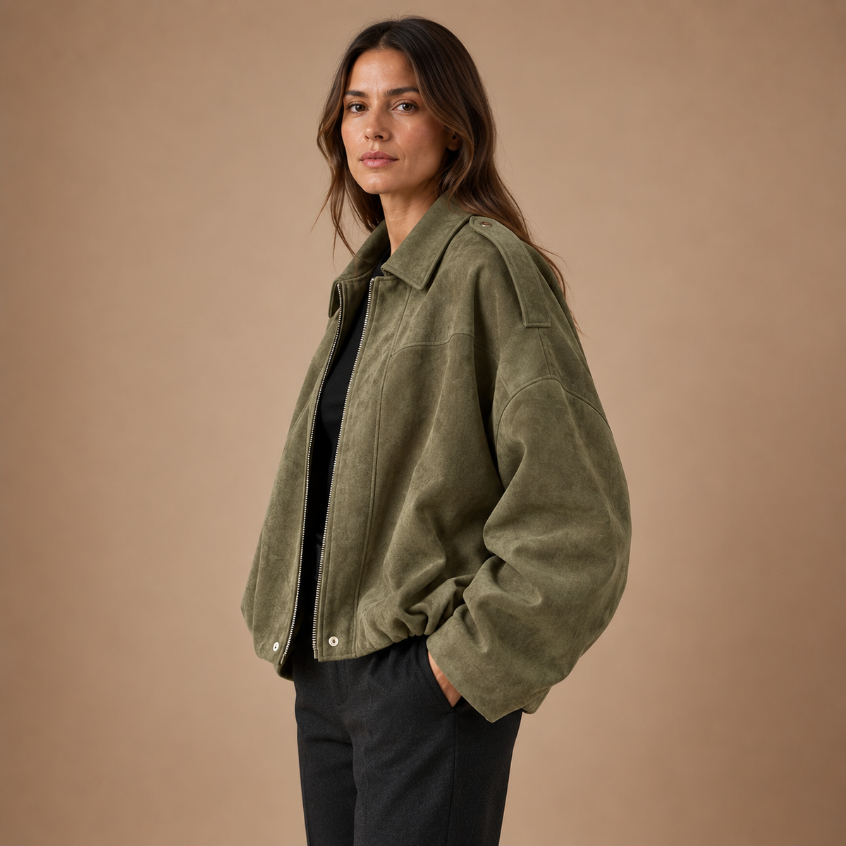 Oversized tussenjas dames in suèdelook met ritssluiting