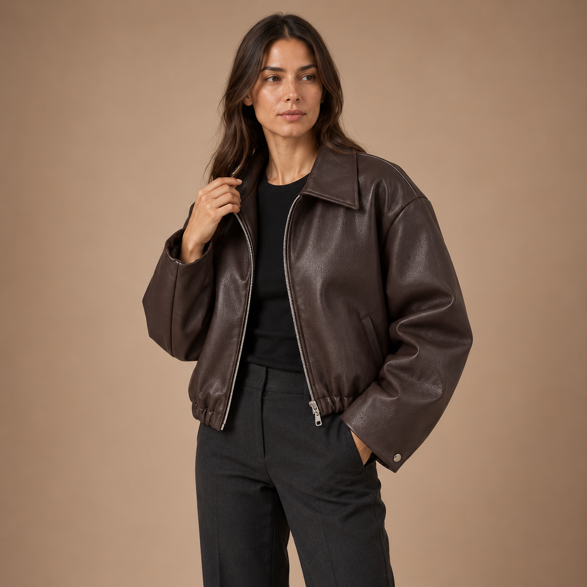 Oversized lederlook jas dames met kraag en ritssluiting