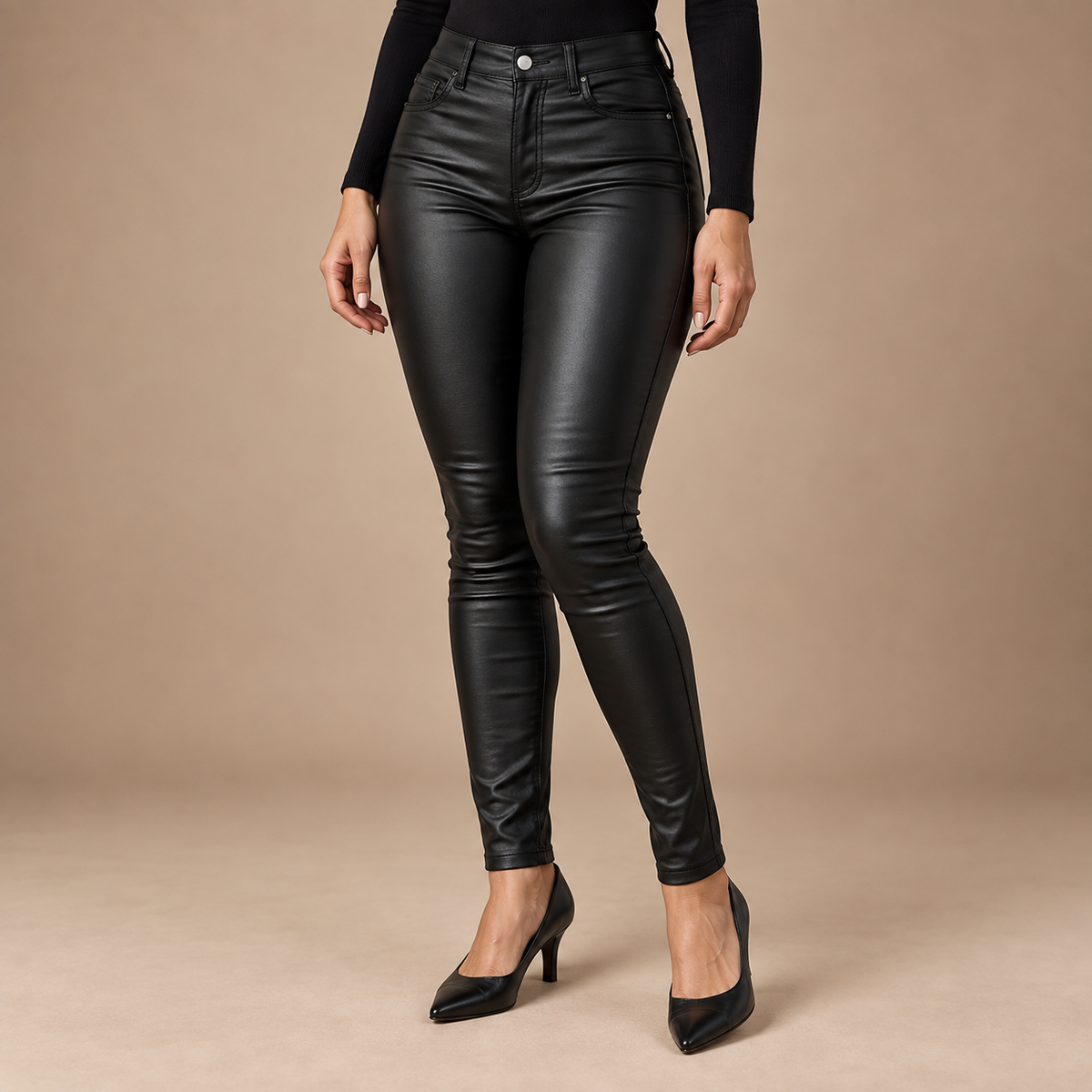 Lederlook broek dames met hoge taille en skinny fit