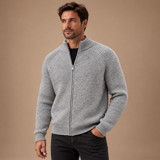 Gebreid Vest Heren – Opstaande Kraag en Rits – Grey – driekwart
