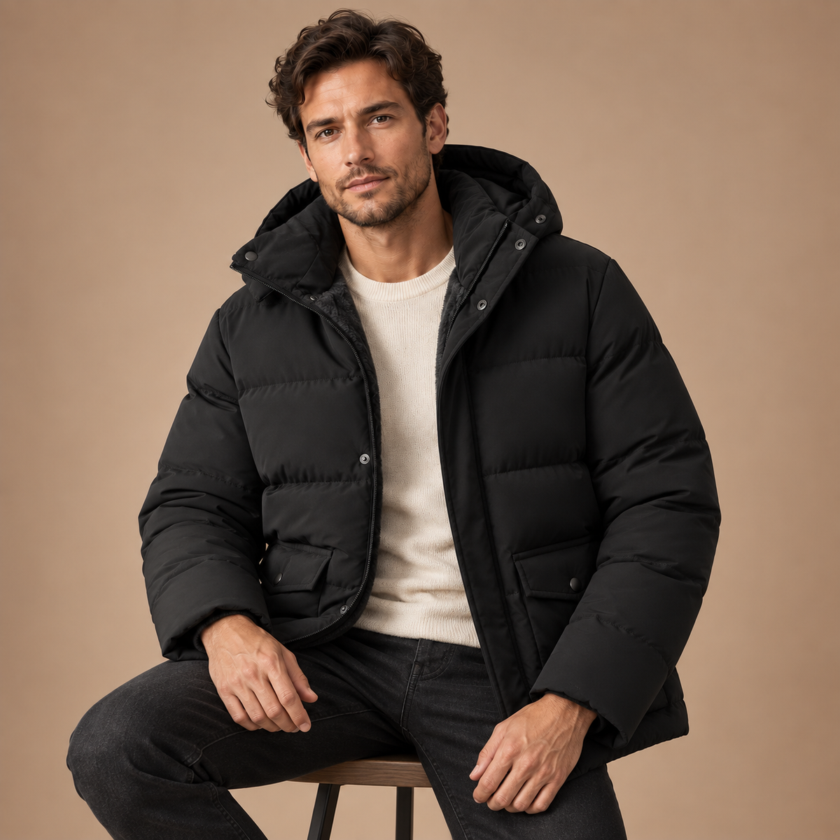 Gevoerde Pufferjas Heren – Capuchon en Rits – Black – zittend