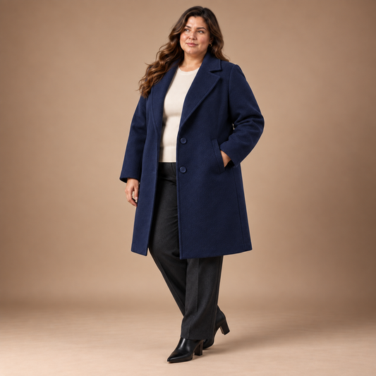 Lange Mantel Dames Grote Maten – Revers en Knopen – Navy Color – driekwart