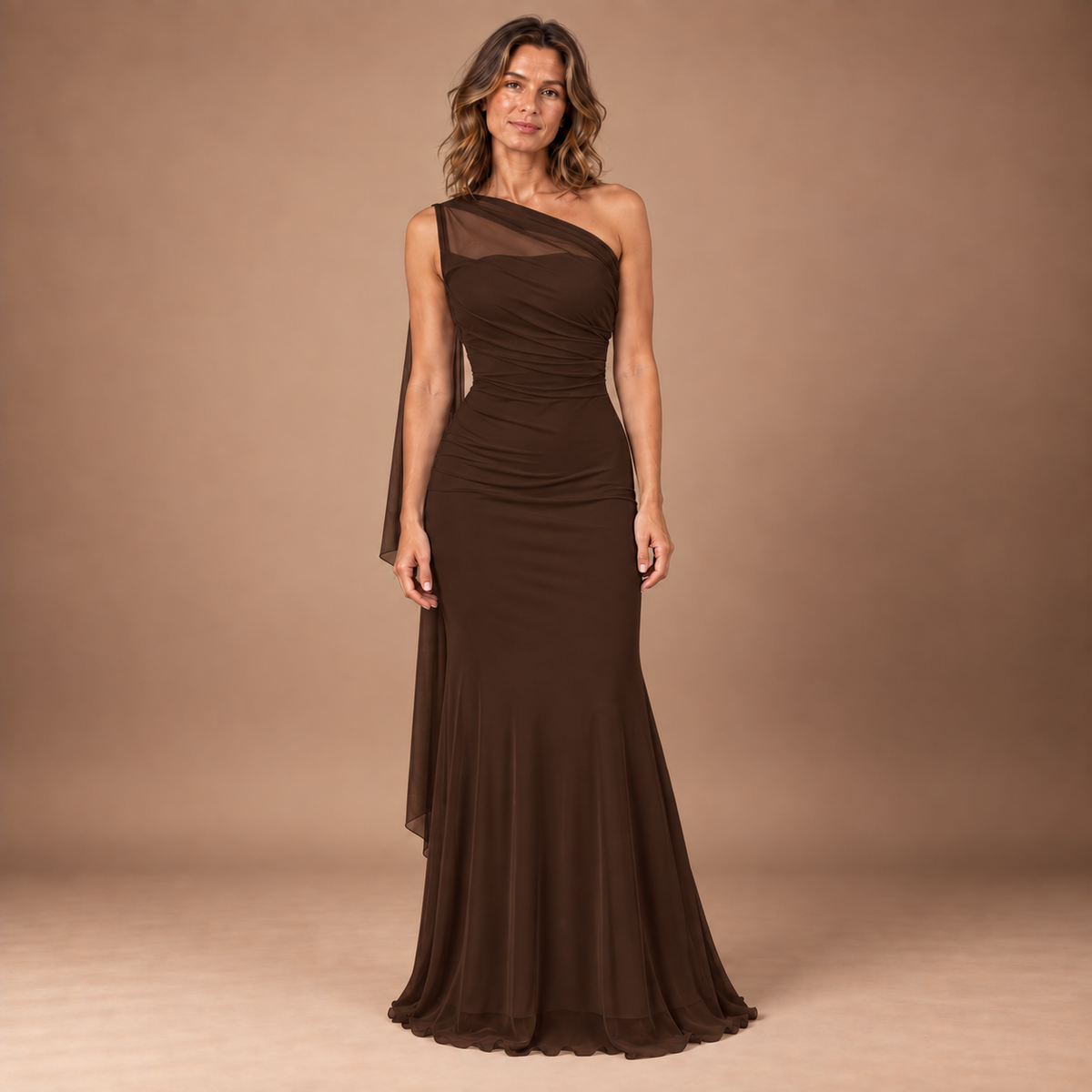 Donkerbruine one shoulder avondjurk voor dames – voorkant