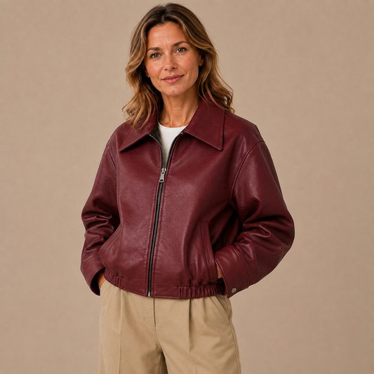 Bordeauxrood bikerjack dames gedragen in een moderne citylook