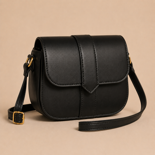 Zwarte dames crossbody tas met flap vanuit driekwart aanzicht