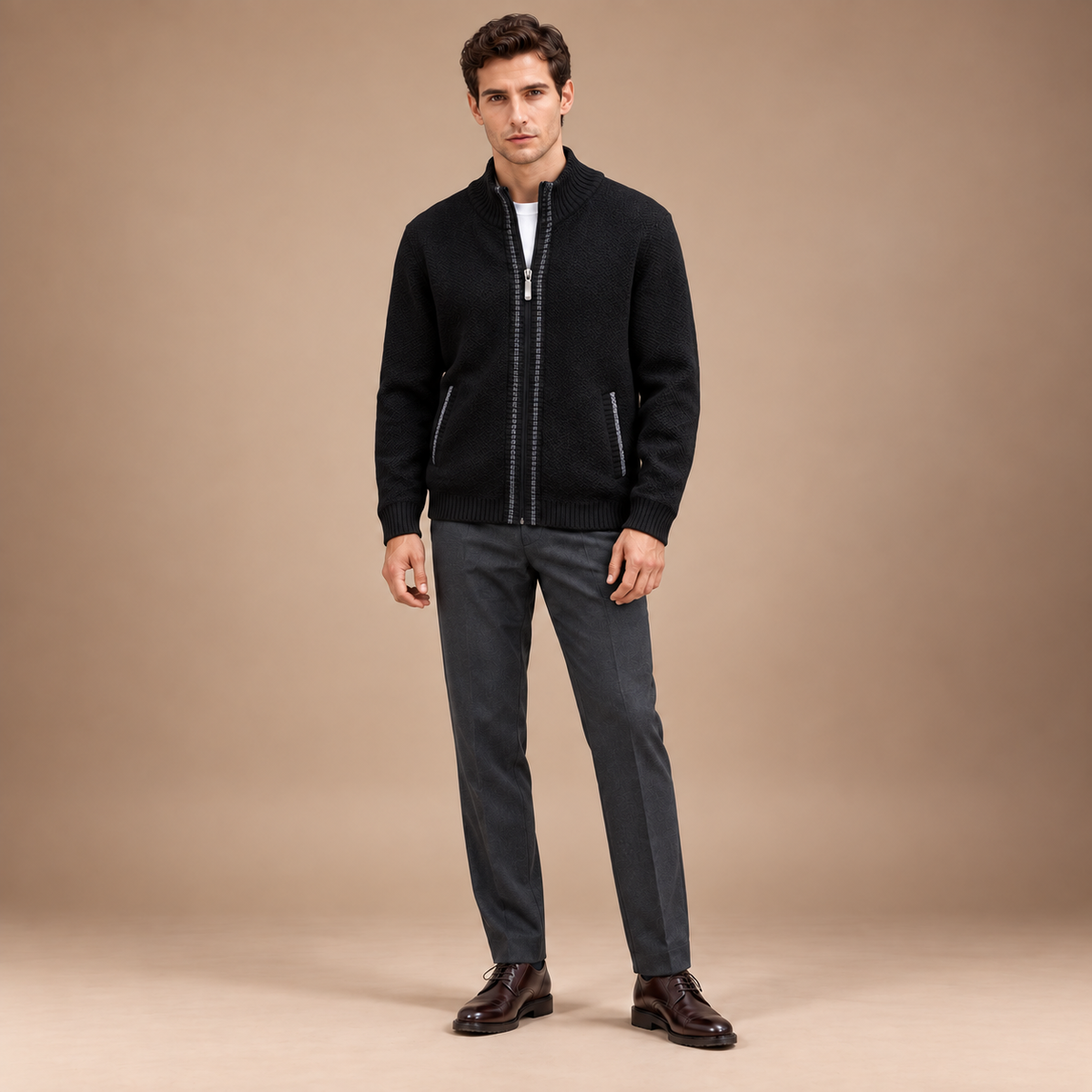 Gebreid vest heren met rits in zwart – volledig outfitbeeld