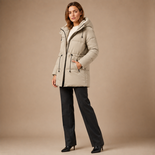 Beige damesparka met capuchon, schuine zakken en taillekoord, schuin van voren.