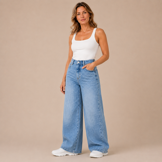 Jeans Dames Wide Leg - High Waist Spijkerbroek met Rechte Wijde Pijp in babyblauw – driekwartaanzicht op beige studioachtergrond