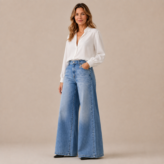 Jeans Dames Wide Leg - High Waist Spijkerbroek met Stretch en Wijde Pijp in blauw – driekwartaanzicht op beige studioachtergrond