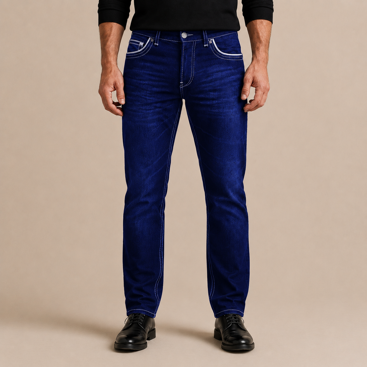 Regular fit jeans heren in marineblauw met contraststiksels