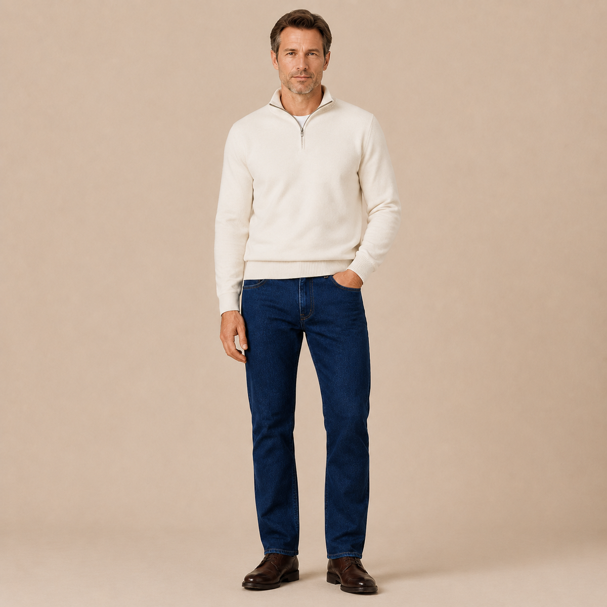 Man draagt slim straight jeans heren in een zakelijke casual combinatie