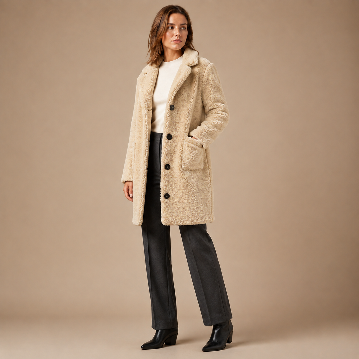 Beige lange damesteddyjas met reverskraag en zwarte knopen, vooraanzicht.