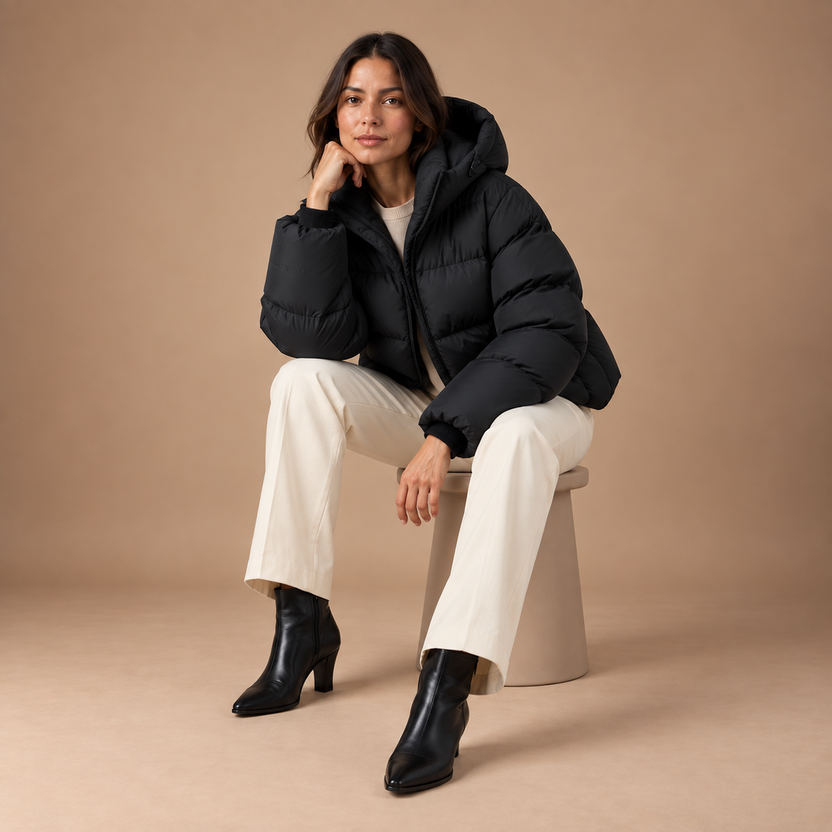 Pufferjas Dames – Zwart – zittende pose