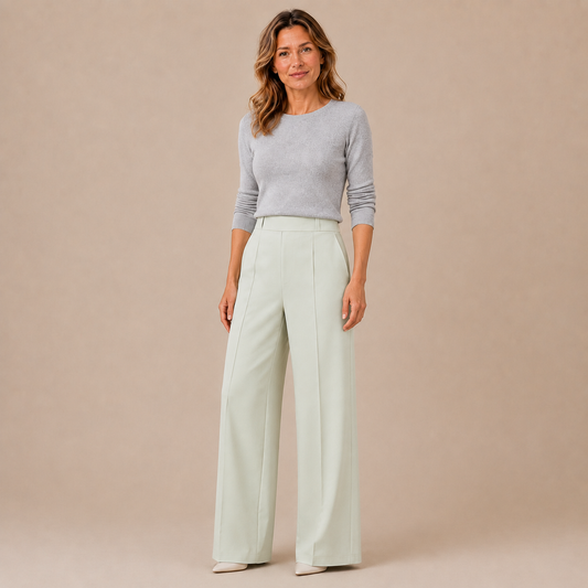 Pantalon dames wijd – hoge taille broek met plooien en rechte pijp in turkoois – driekwartaanzicht op beige studioachtergrond