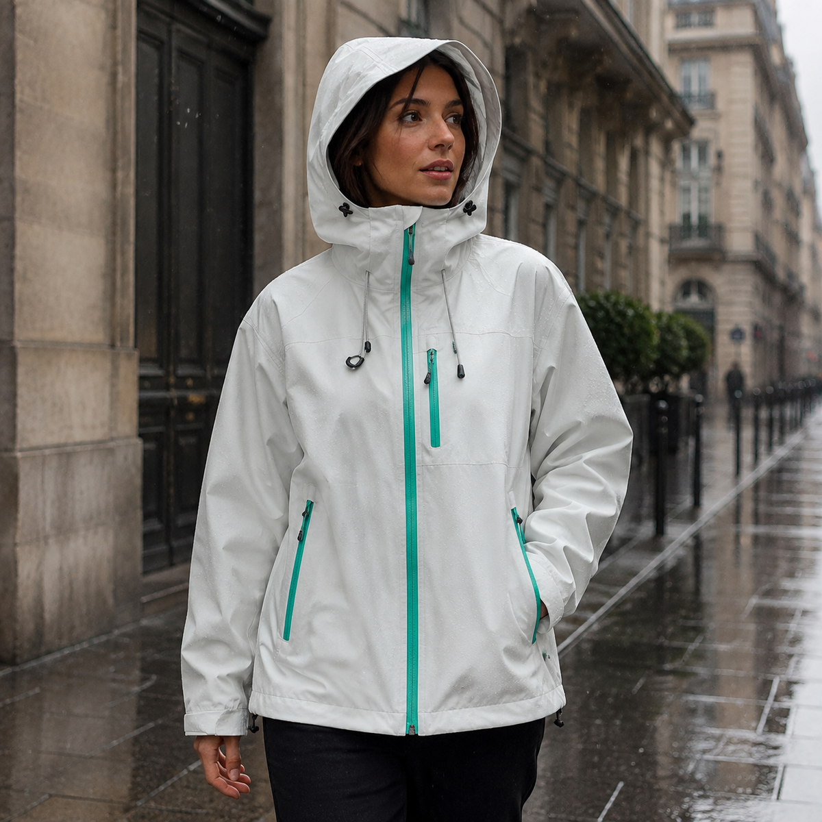 Witte damesregenjas met turquoise ritsen en capuchon, gedragen op een natte straat.