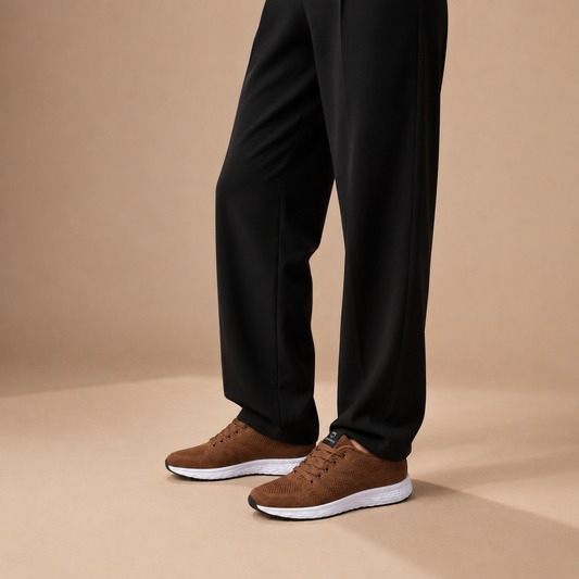 Khaki dames sneakers gedragen met zwarte pantalon
