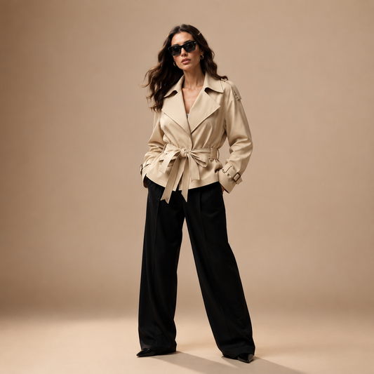 Korte beige trenchcoat met brede revers en ceintuur, schuin van voren gedragen.