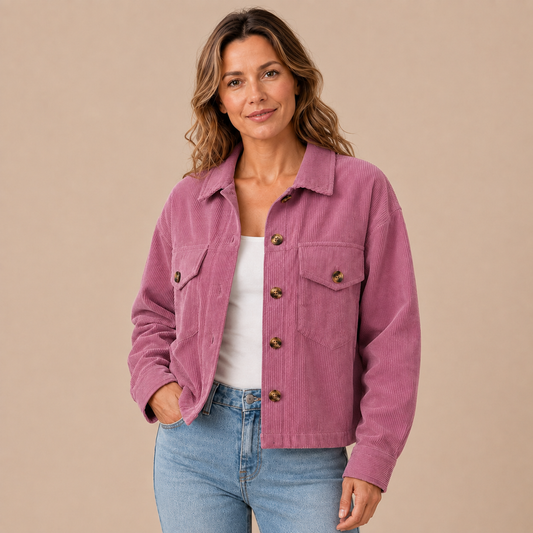 Roze ribstructuur overshirt dames in driekwart aanzicht