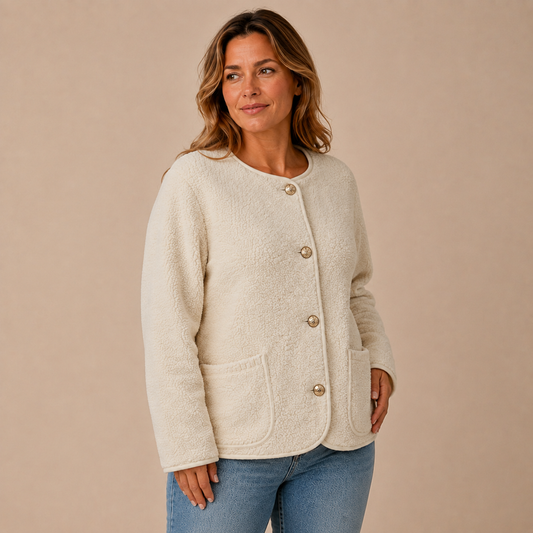 Beige plus size tussenjas dames in driekwart aanzicht