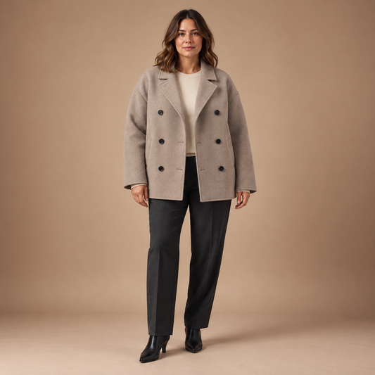 Khaki tweedlook damesmantel in grote maten – volledige vooraanzicht