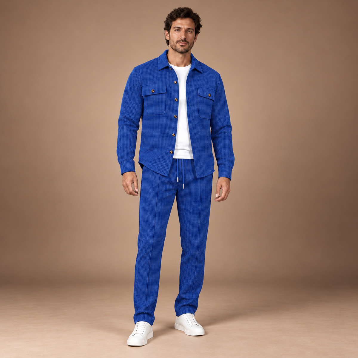 Tweedelige set heren in koningsblauw – overshirt en joggingbroek, volledige outfit