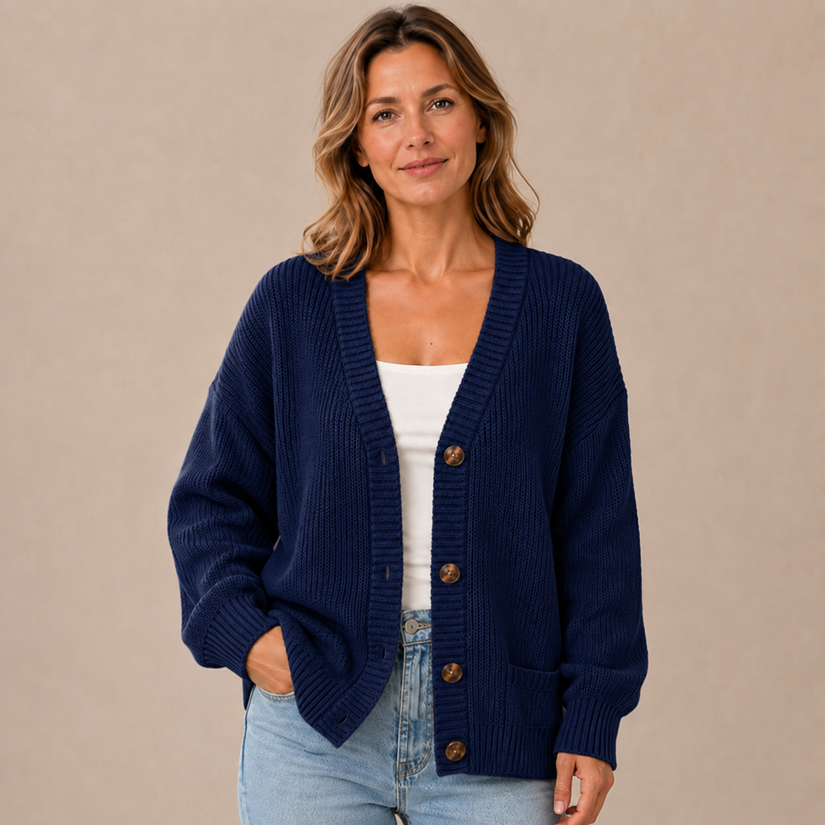 Donkerblauw gebreid damesvest met V-hals en knopen, vooraanzicht op een model