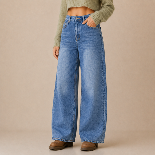 High-waist wide-leg jeans dames gedragen in een moderne citylook