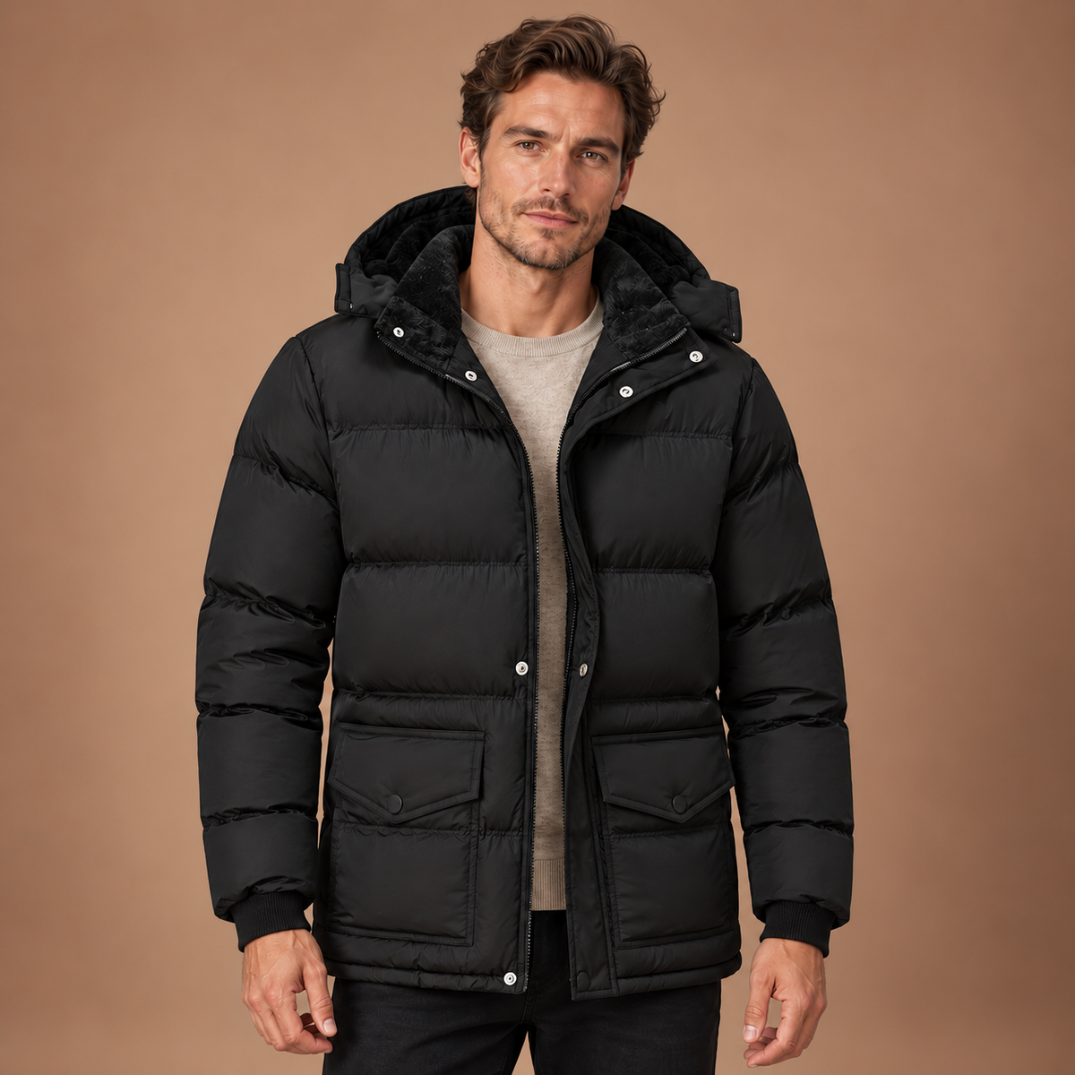 Middernachtzwarte winterjas voor heren met capuchon – voorkant