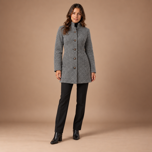 Halflange mantel dames met opstaande kraag – grijs – volledige outfit