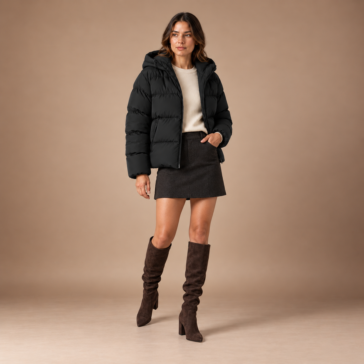 Hoge laarzen dames met blokhak en suède look – donkerbruin – volledige-outfit
