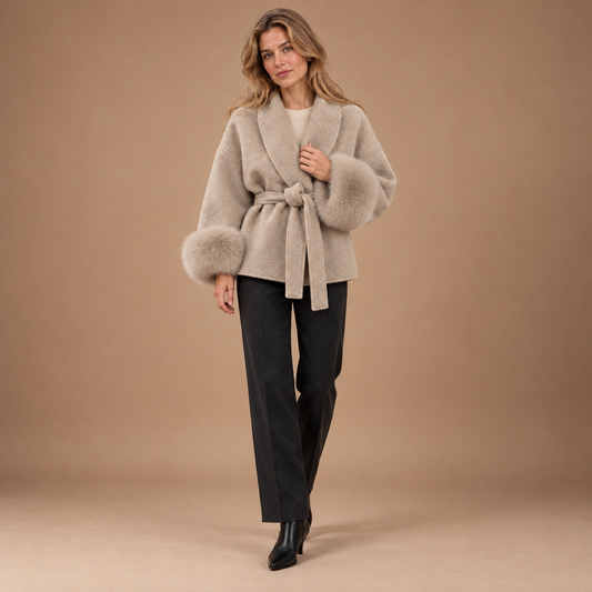 Taupebeige korte wikkeljas voor dames – volledige outfit