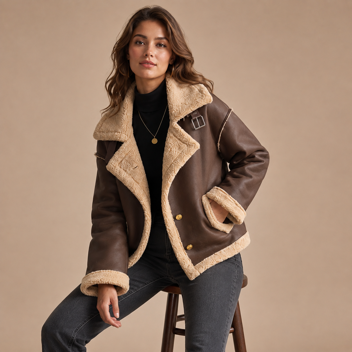 Winterjas dames biker met faux fur voering - zittende studio lifestylefoto