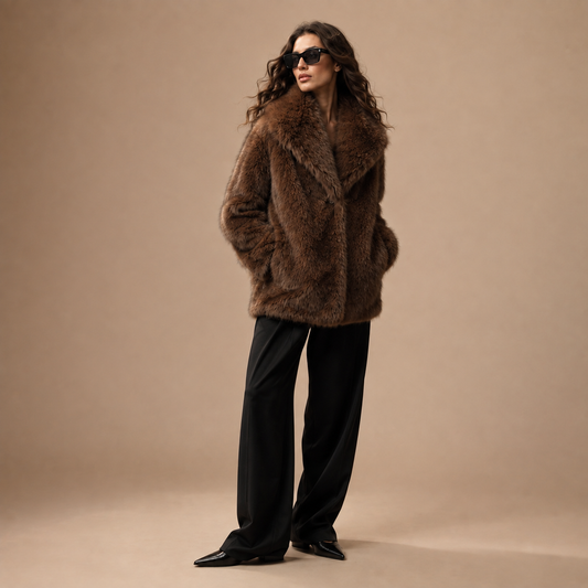 Winterjas dames faux fur bruin - driekwart aanzicht