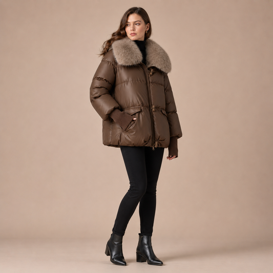 Winterjas dames puffer met faux fur kraag - driekwart aanzicht