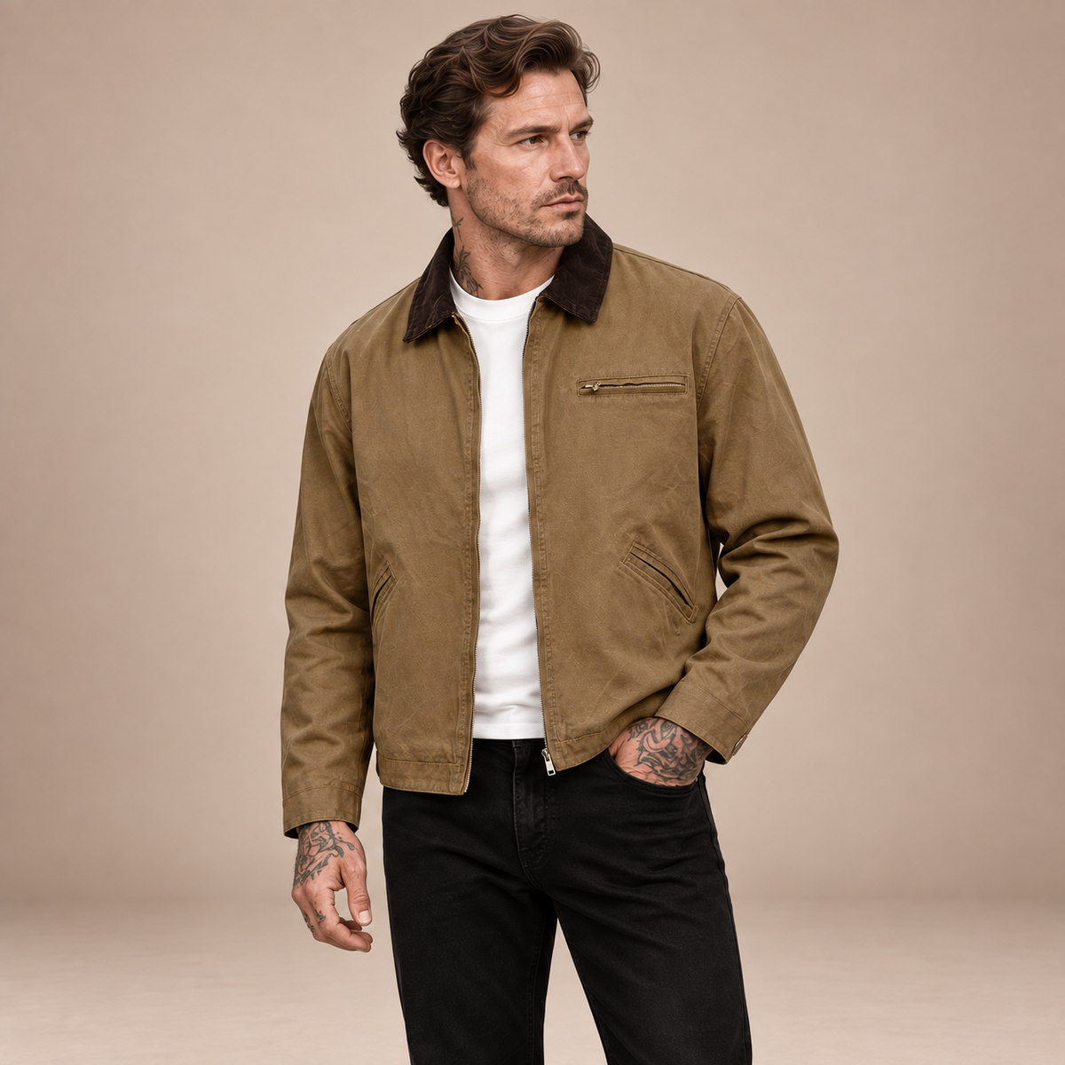 Detroit Jas Heren Washed – Cargo Jack met Reverskraag en Rits