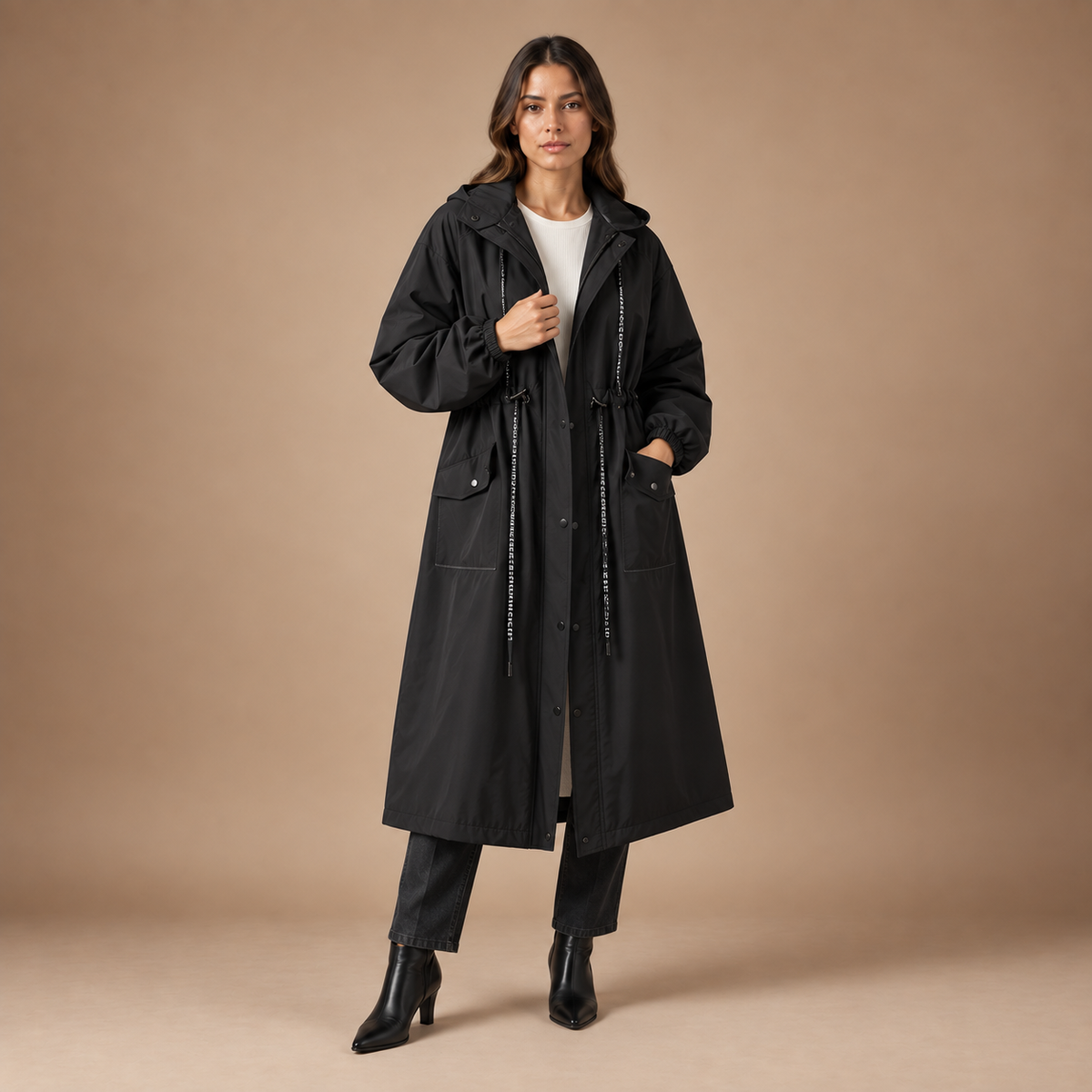 Lange regenjas dames met capuchon en transparant vizier