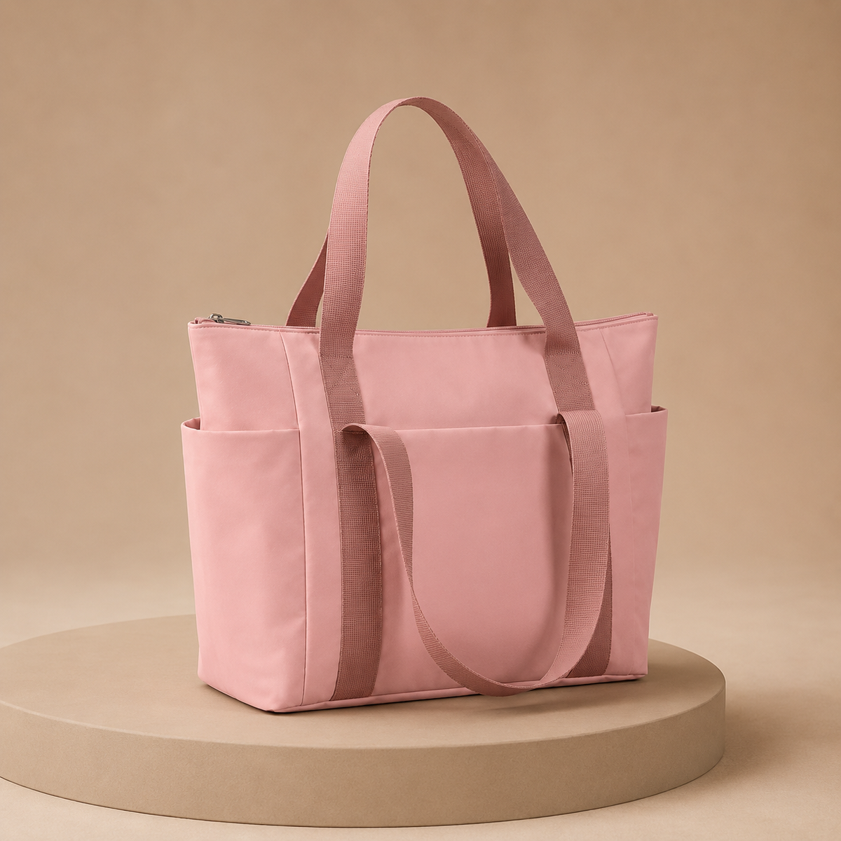 Roze shopper met lange hengsels en meerdere buitenvakken, vrijstaand op een ronde sokkel.