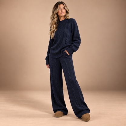 Gebreide Dames Set 2-Delig – Kabeltrui en Wide Leg Broek