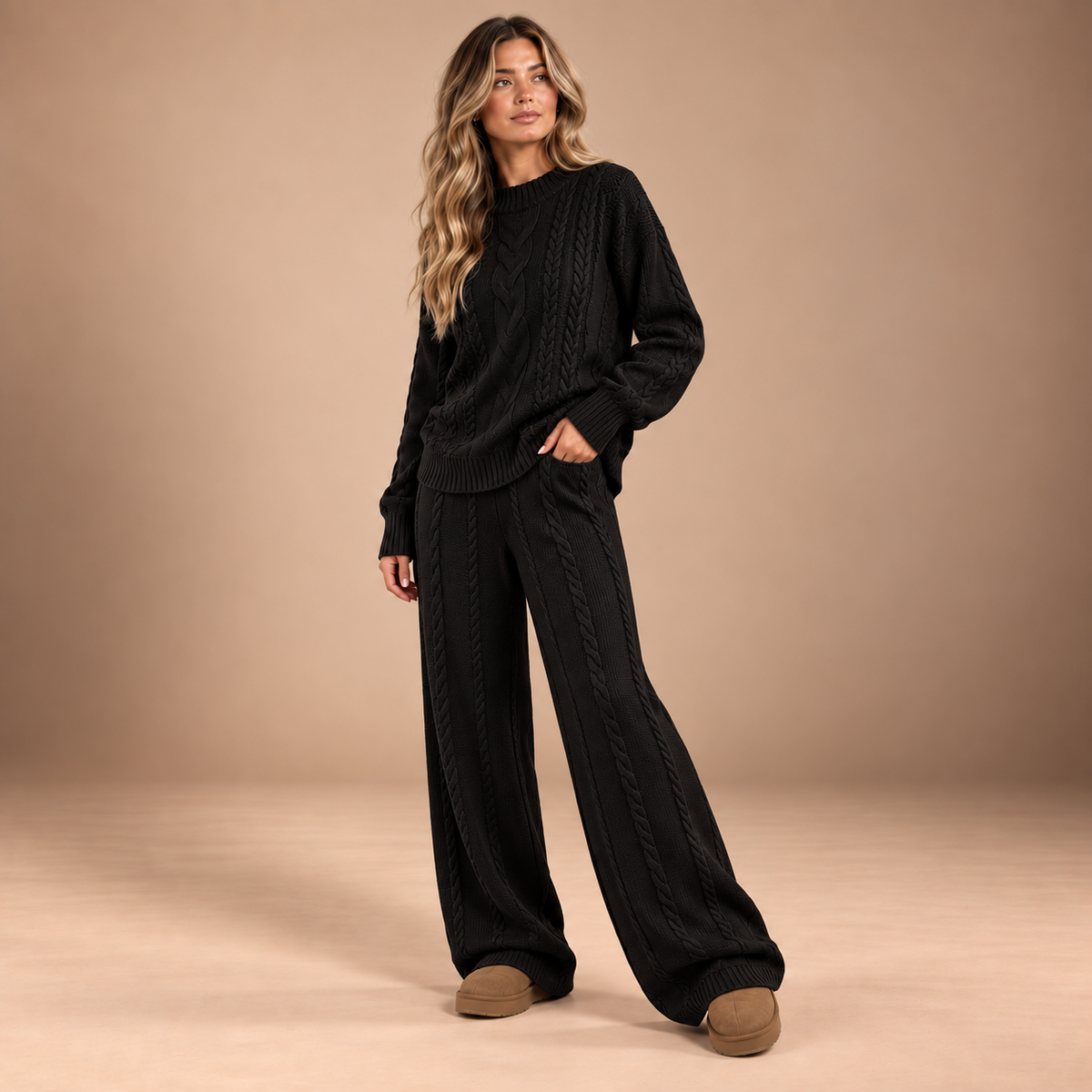 Gebreide Dames Set 2-Delig – Kabeltrui en Wide Leg Broek