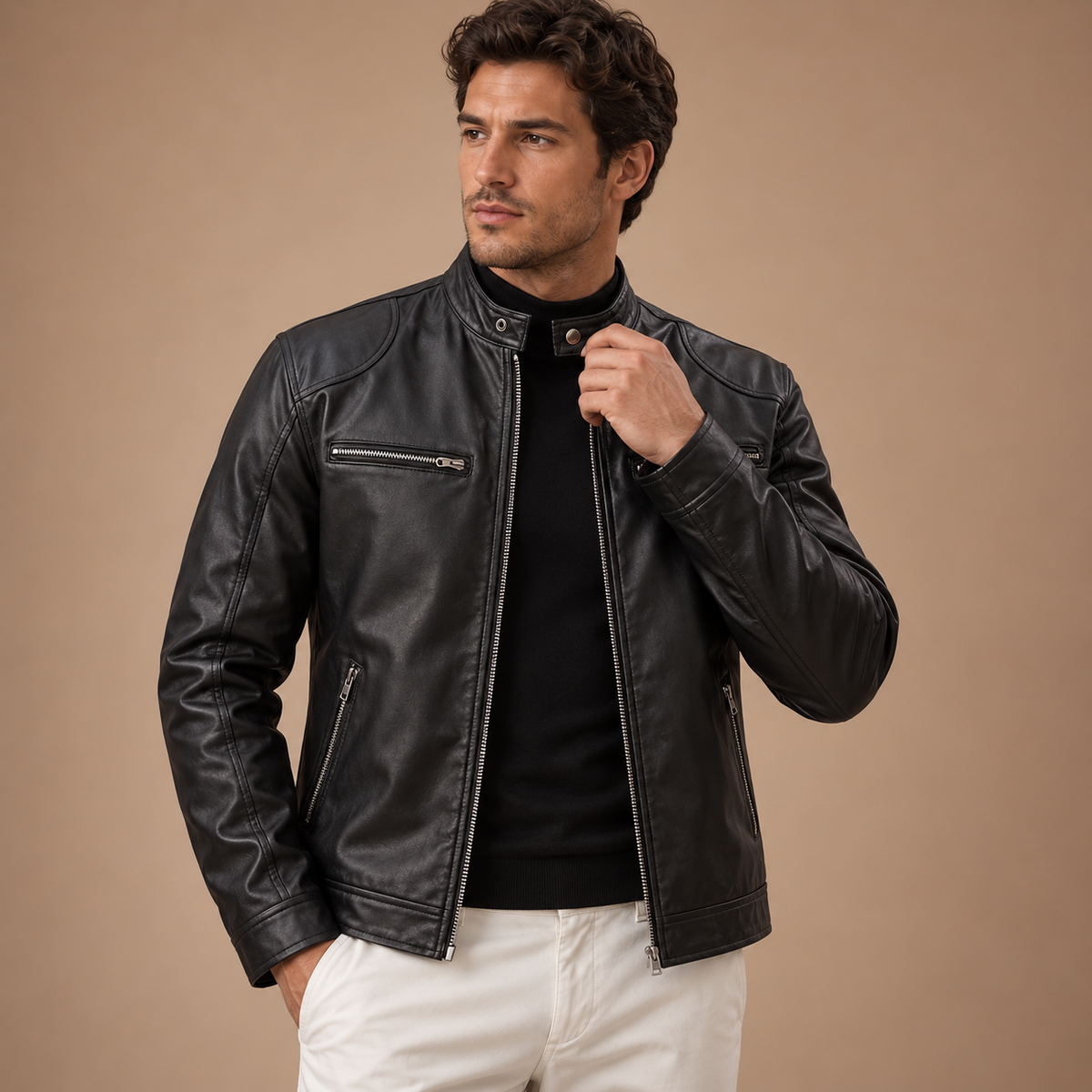 Lederlook jas heren met opstaande kraag en ritssluiting