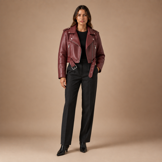 Cropped bikerjack dames in lederlook met ceintuur