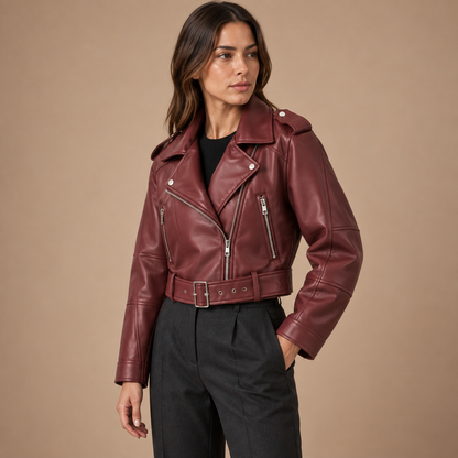Cropped bikerjack dames in lederlook met ceintuur
