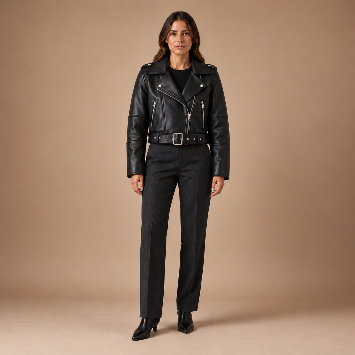 Cropped bikerjack dames in lederlook met ceintuur