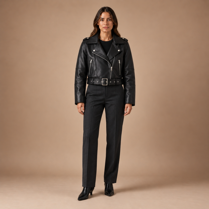 Cropped bikerjack dames in lederlook met ceintuur
