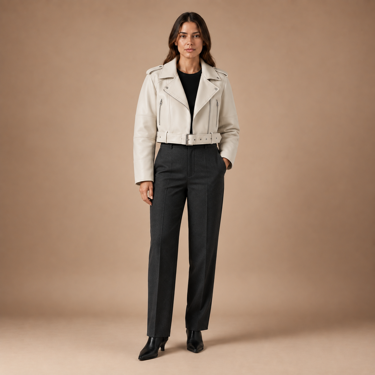 Cropped bikerjack dames in lederlook met ceintuur